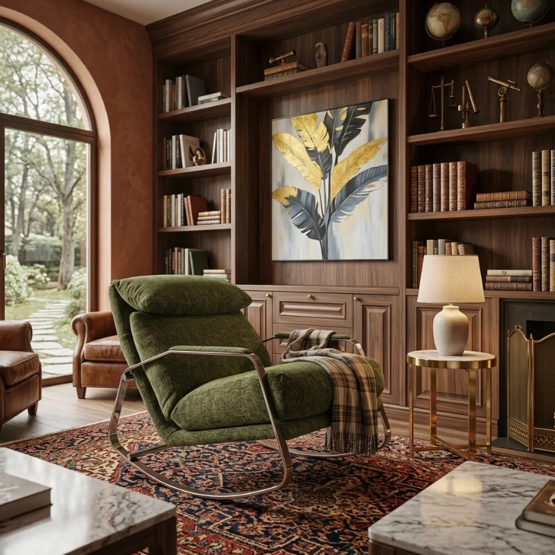 Cozy library corner with a green lounge chair, built-in wooden shelves, a framed leaf painting, and a lit table lamp.