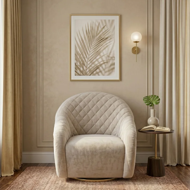 Beige quilted rounded armchair in a cozy living room, with a small round side table holding a vase, plant, and an open book, and a framed palm artwork above.