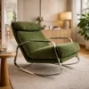 Green mid-century lounge chair with chrome frame in a bright living room on a light rug, next to a small wooden side table.