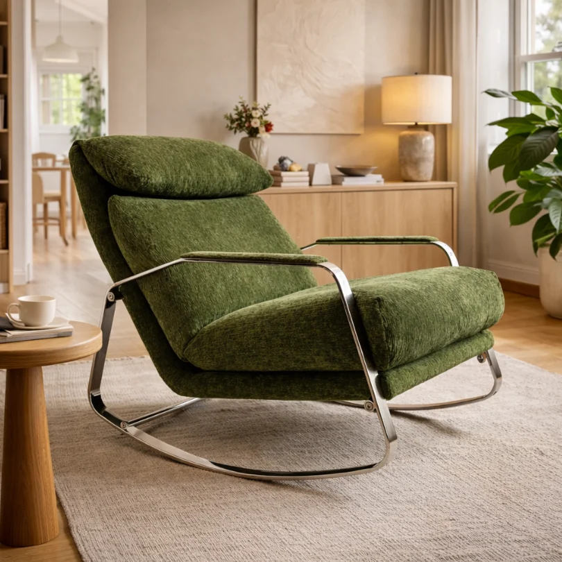 Green mid-century lounge chair with chrome frame in a bright living room on a light rug, next to a small wooden side table.
