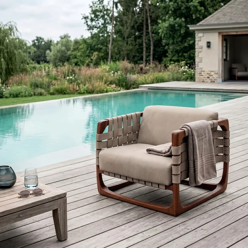 Poolside seating on a wooden deck with a beige cushioned chair and gray blanket beside a bright pool, plus a table with a glass and sunglasses.