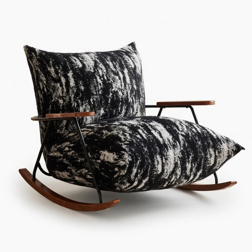Rocking chair with black-and-white textured upholstery, wooden armrests, and curved wooden rockers.