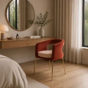 Cozy bedroom workspace: a round mirror above a wooden desk, with a vase, lamp, and books, and a red upholstered chair with gold legs nearby.