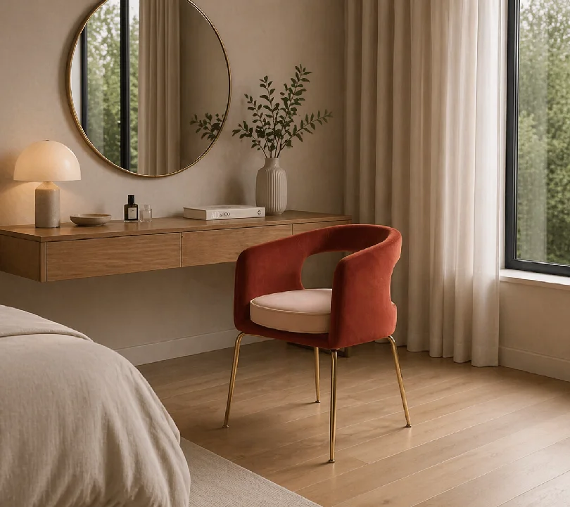 Cozy bedroom workspace: a round mirror above a wooden desk, with a vase, lamp, and books, and a red upholstered chair with gold legs nearby.