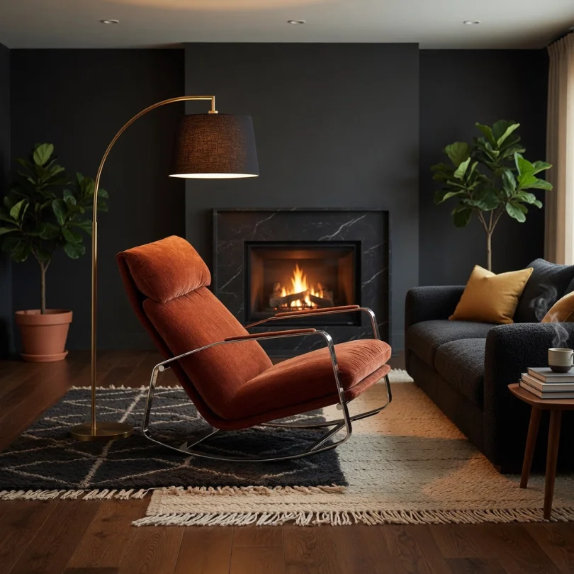 Cozy living room with an orange recliner, brass arc floor lamp, and a glowing fireplace, set against dark walls with potted plants and a gray sofa.