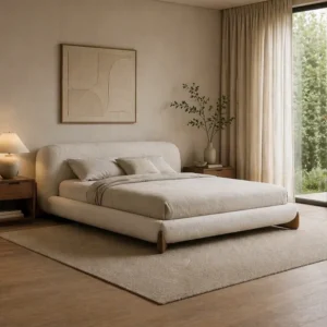 Neutral, minimalist bedroom with a low, cream upholstered bed flanked by wooden nightstands and soft lighting.