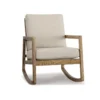 Wooden rocking chair with light beige cushions and curved rockers, simple, rustic design.