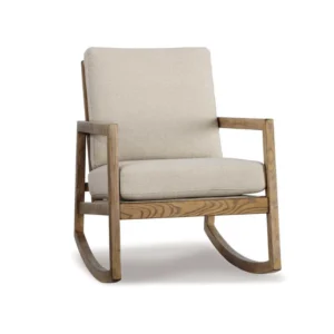 Wooden rocking chair with light beige cushions and curved rockers, simple, rustic design.