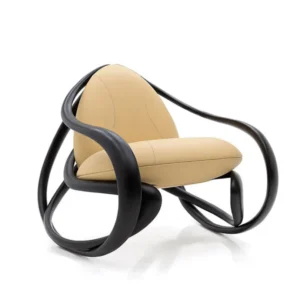 Contemporary black curved-frame armchair with beige cushioned seat and backrest on a white background.