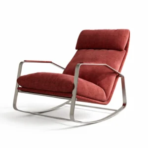 Red upholstered lounge chair with a sleek metal frame and curved rockers, shown on a white background.