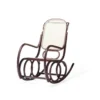 Rocking chair with a dark metal frame and cream padded seat and backrest on a white background.