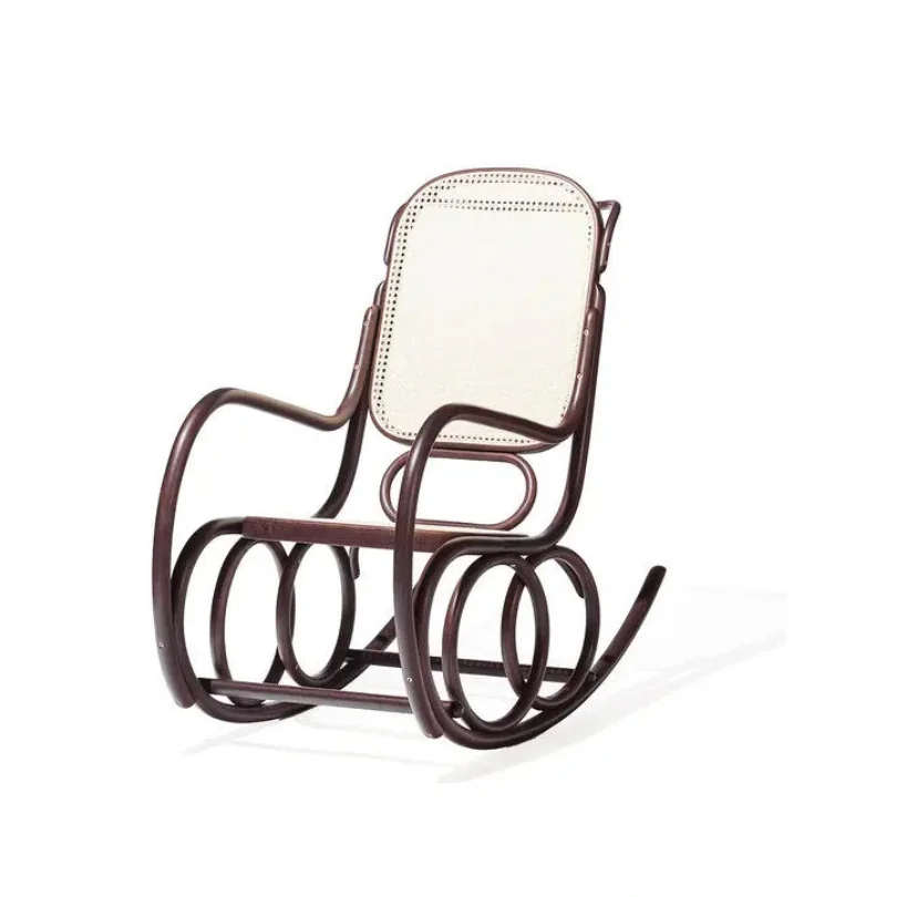 Rocking chair with a dark metal frame and cream padded seat and backrest on a white background.