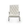 White tufted upholstered armchair with chrome metal legs, facing forward.