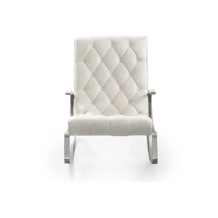 White tufted upholstered armchair with chrome metal legs, facing forward.