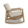 Wooden rocking chair with light beige cushioned seat and backrest on a white background.