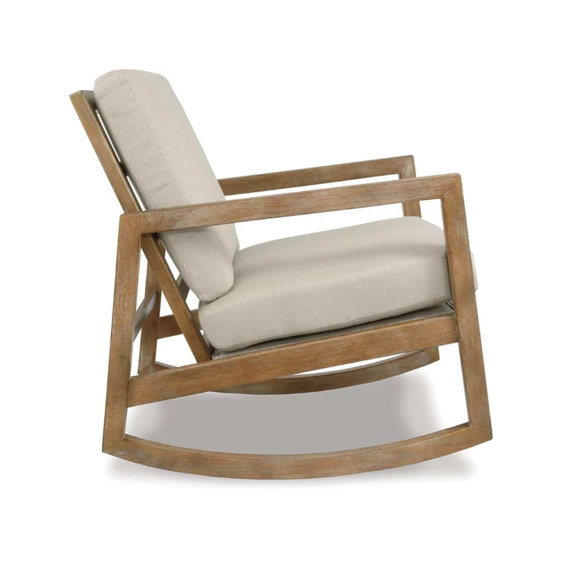 Wooden rocking chair with light beige cushioned seat and backrest on a white background.