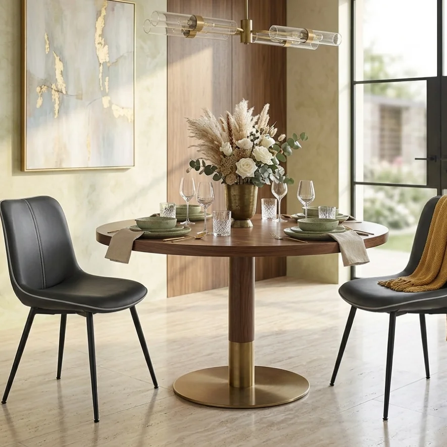 Round wooden dining table set for two with green dishes, crystal glasses, and a floral centerpiece in a brass vase; modern chandelier above, gray chairs nearby.