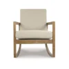 Wooden rocking chair with beige cushioned seat and backrest on curved rockers