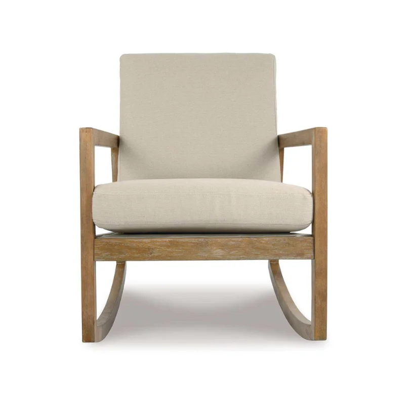 Wooden rocking chair with beige cushioned seat and backrest on curved rockers