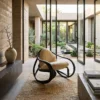 Modern lounge with a tan leather club chair inside a glass-walled courtyard garden area