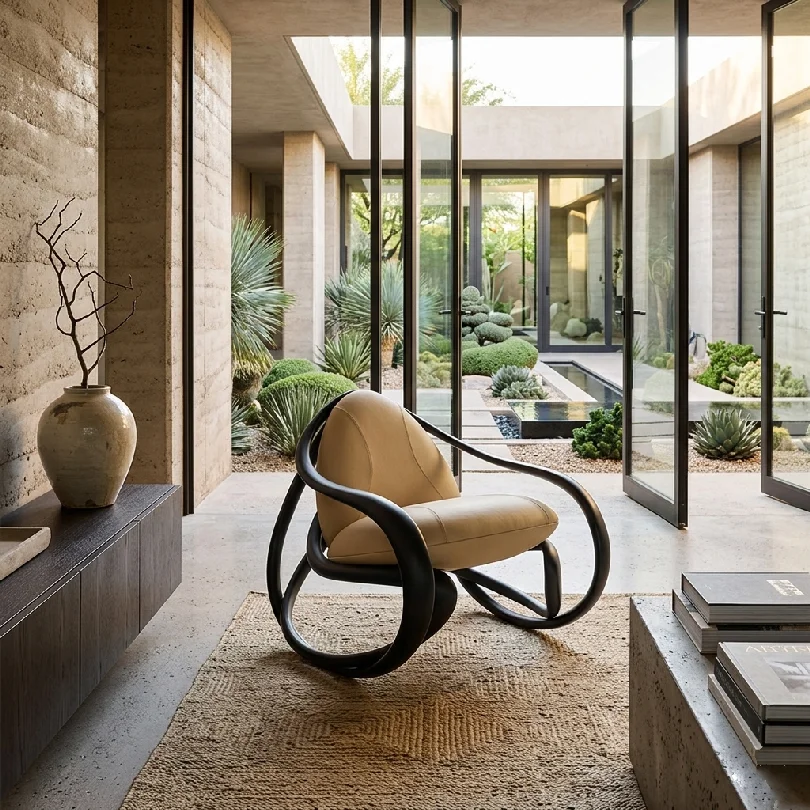 Modern lounge with a tan leather club chair inside a glass-walled courtyard garden area