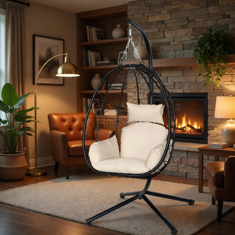 Hanging egg chair with white cushions in a cozy living room by a stone fireplace and warm lighting.