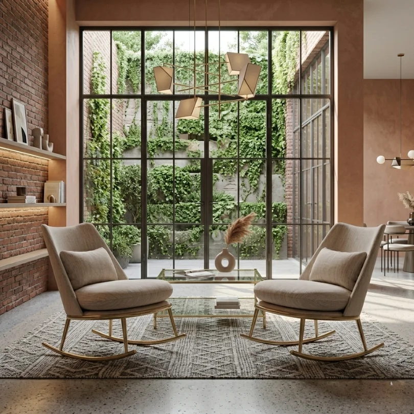Modern living room with two beige rocking armchairs facing a glass coffee table on a patterned rug, large grid windows and greenery outside.