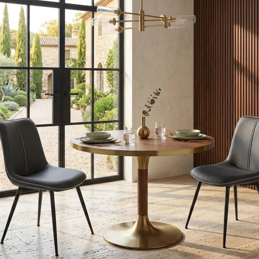 Round brass pedestal dining table set for two with gray upholstered chairs near large black-framed glass doors overlooking a sunny garden.
