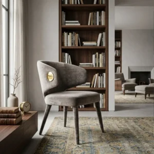 Gray upholstered chair with brass accent in a sunlit living room, a tall wooden bookcase behind, and a fireplace in the background.