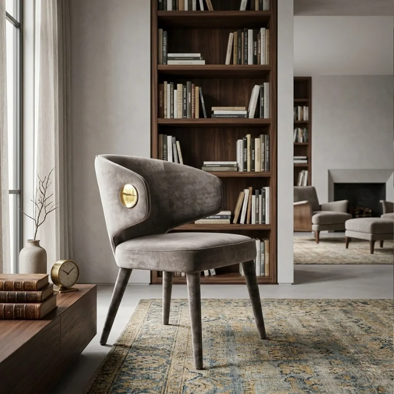 Gray upholstered chair with brass accent in a sunlit living room, a tall wooden bookcase behind, and a fireplace in the background.