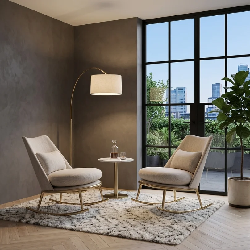 Two beige lounge chairs with cushions face a small round table on a shaggy rug, beside a tall floor lamp and a large grid-window overlooking the city.
