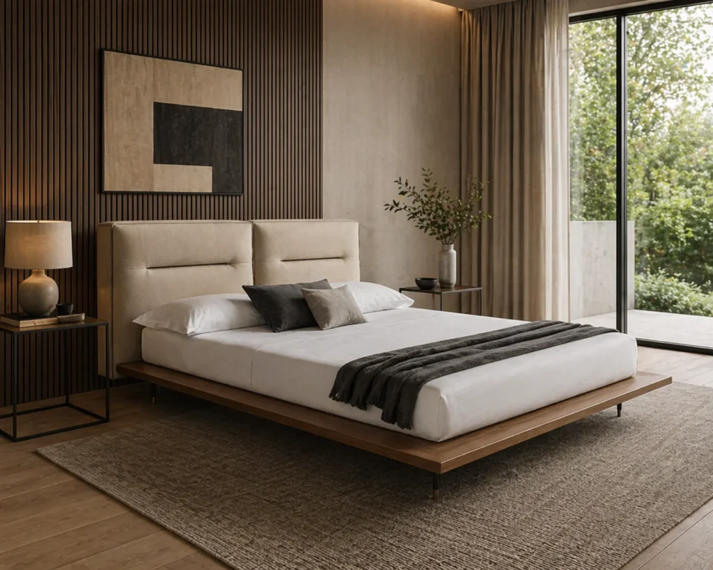 Modern bedroom with a low wooden platform bed, beige headboard, and neutral bedding beside two nightstands and a large glass door opening to greenery.