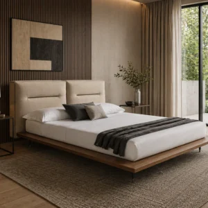 Modern bedroom with a low wooden platform bed, beige headboard, and neutral bedding beside two nightstands and a large glass door opening to greenery.