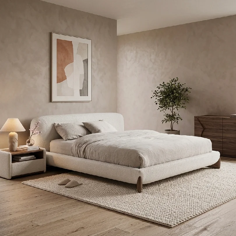 6-96458 Modern beige bedroom with a low upholstered bed, neutral bedding, nightstand and lamp, on a woven rug with a potted plant nearby.