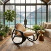 Contemporary beige lounge chair with a black curved frame in a glass-walled sunroom overlooking a lake and mountains.