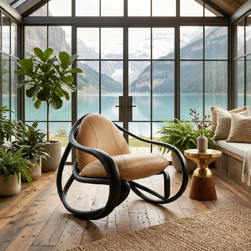 Contemporary beige lounge chair with a black curved frame in a glass-walled sunroom overlooking a lake and mountains.