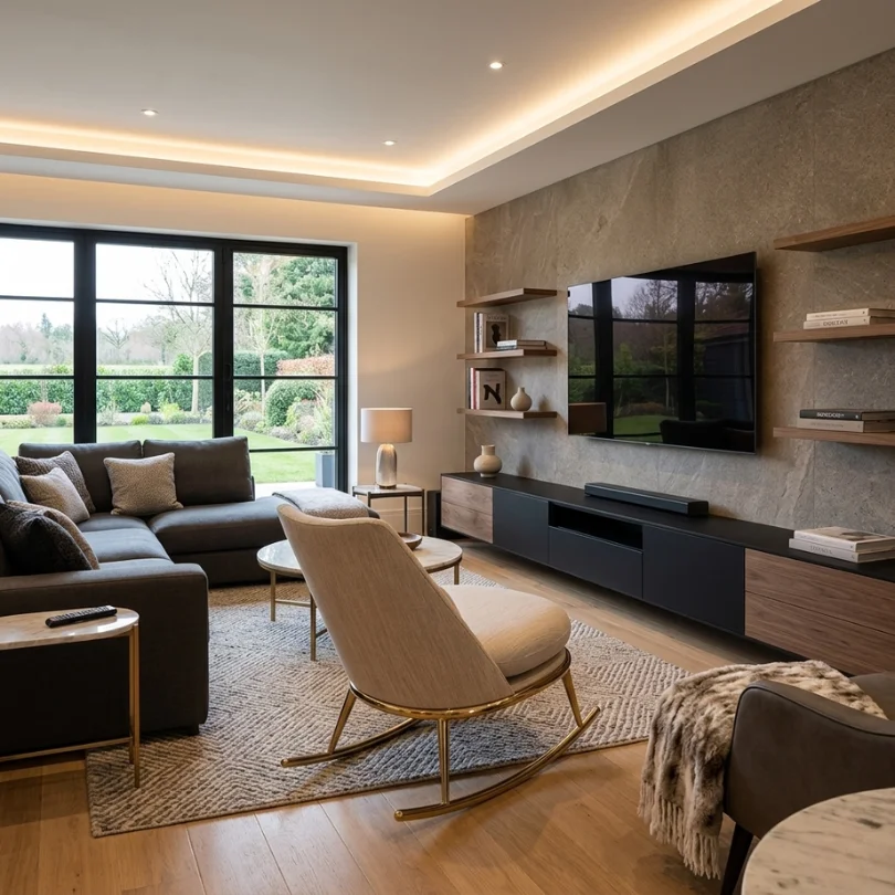 Modern living room with a gray sectional, cream lounge chair, and a large window looking out to greenery; entertainment wall with shelves and a mounted TV.