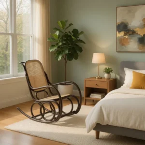 Sunlit bedroom with a wooden rocking chair by a large window, a bed with white bedding and a mustard pillow, and a nightstand with a lamp and plant nearby.