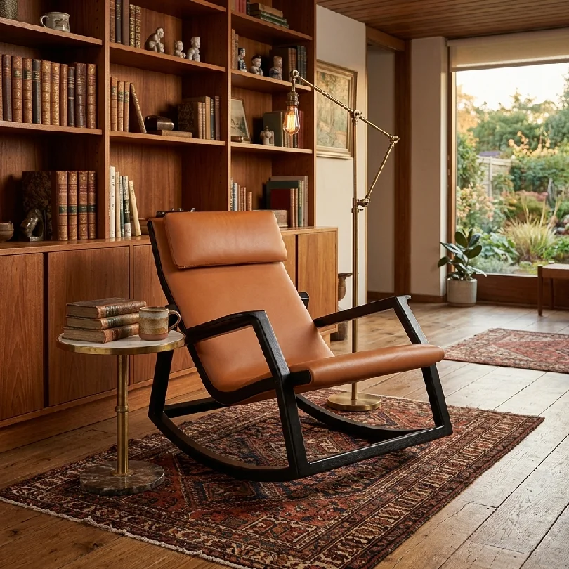 Contemporary tan leather lounge chair with dark wooden frame in a wood-furnished library with bookshelves and a rug.