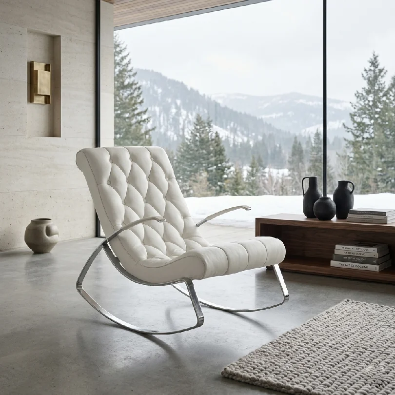 White tufted lounge chair with chrome legs in a bright living room, overlooking snowy mountains through large windows.