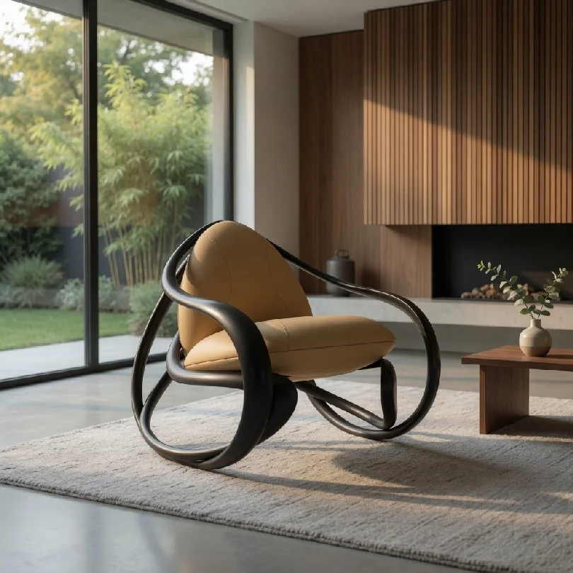 Contemporary living room with a rounded beige cushioned lounge chair and a wood-paneled wall beside a fireplace on a light rug.