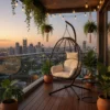 Cozy balcony with a hanging egg chair, string lights, potted plants, and a city skyline at sunset.