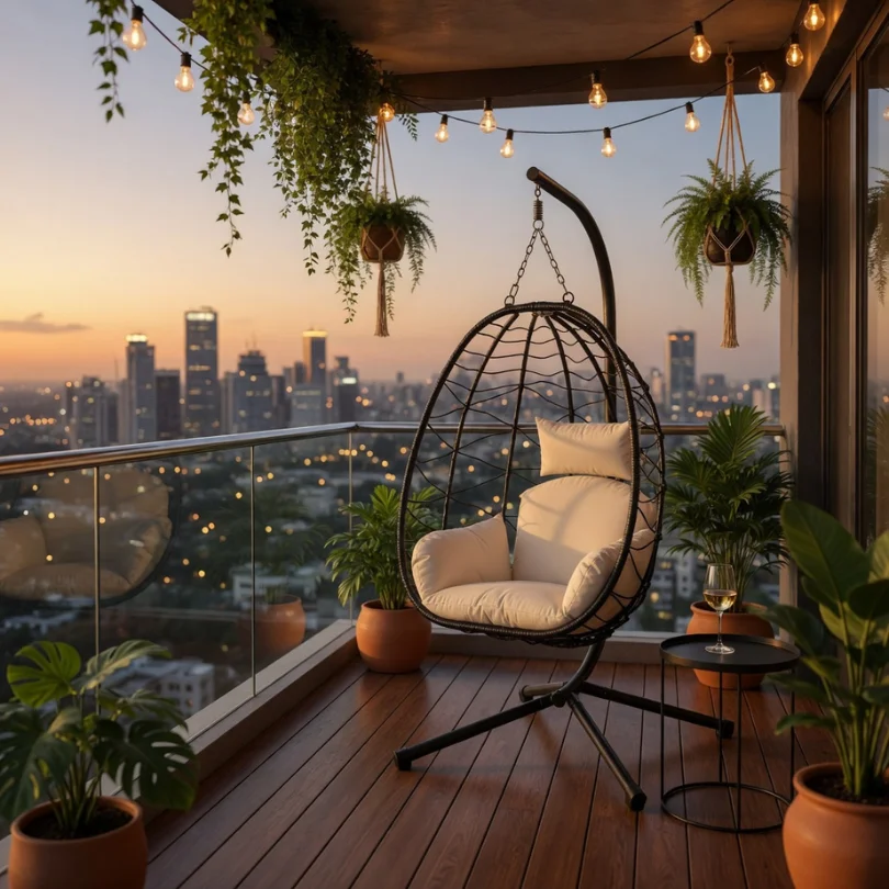 Cozy balcony with a hanging egg chair, string lights, potted plants, and a city skyline at sunset.