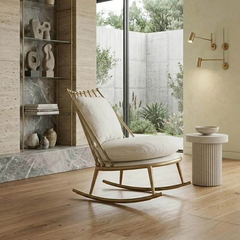 A beige cushioned rocking chair with a gold frame sits in a modern sunlit living room beside a ribbed round side table, large window and garden view.