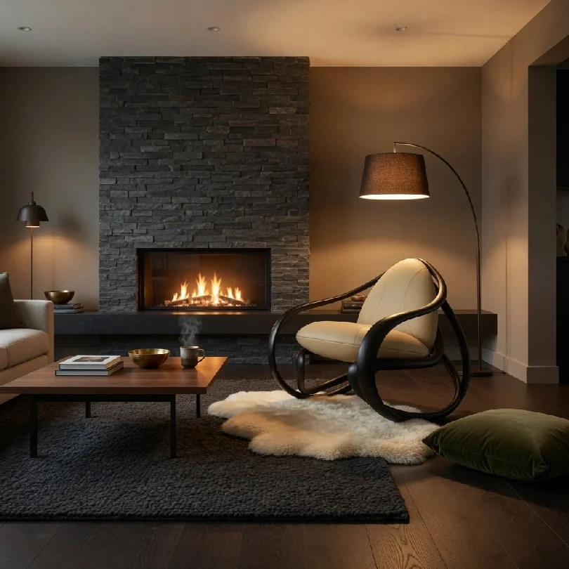 Cozy modern living room featuring a lit stone fireplace, a cream armchair, and a curved floor lamp beside a coffee table and rug.