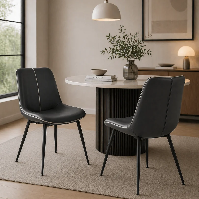 A modern dining nook with a round white table, two black upholstered chairs, a woven rug, and a vase of greenery under pendant lighting in a sunlit room.