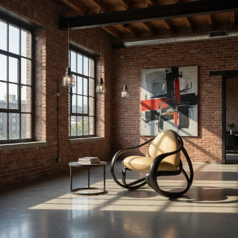 Loft-style room with brick walls, large industrial windows, and a tan curved chair beside a small round table under hanging lights and abstract artwork.