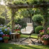 Garden scene with a hanging egg chair under a wooden pergola, surrounded by colorful potted flowers and a lantern.