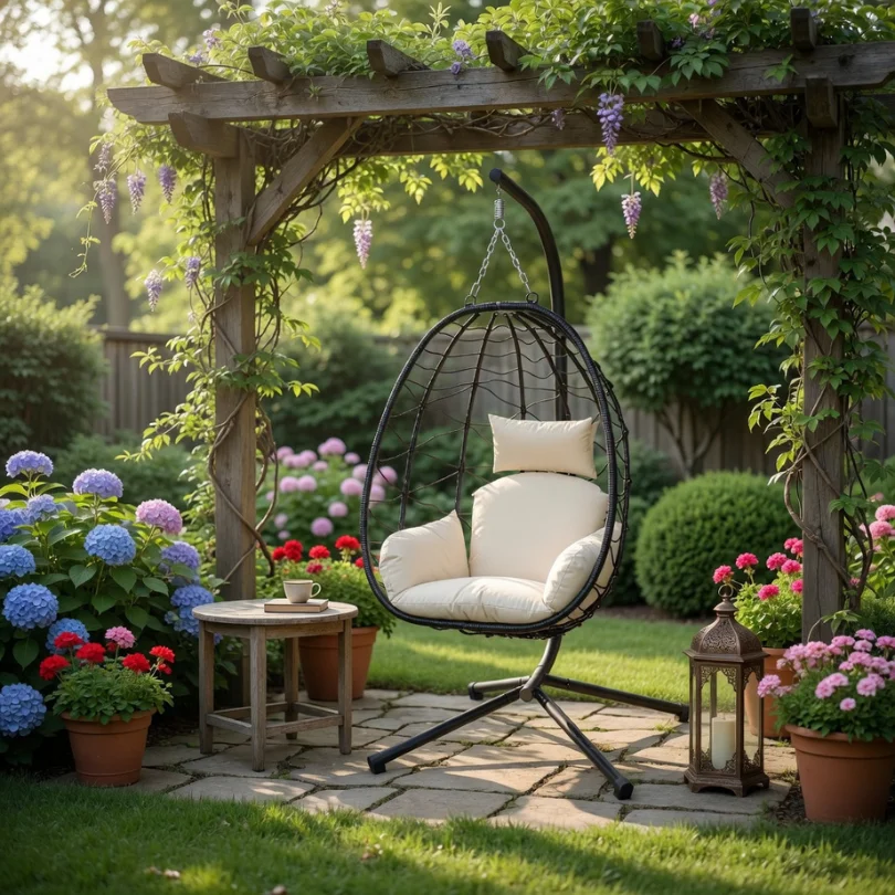 Garden scene with a hanging egg chair under a wooden pergola, surrounded by colorful potted flowers and a lantern.