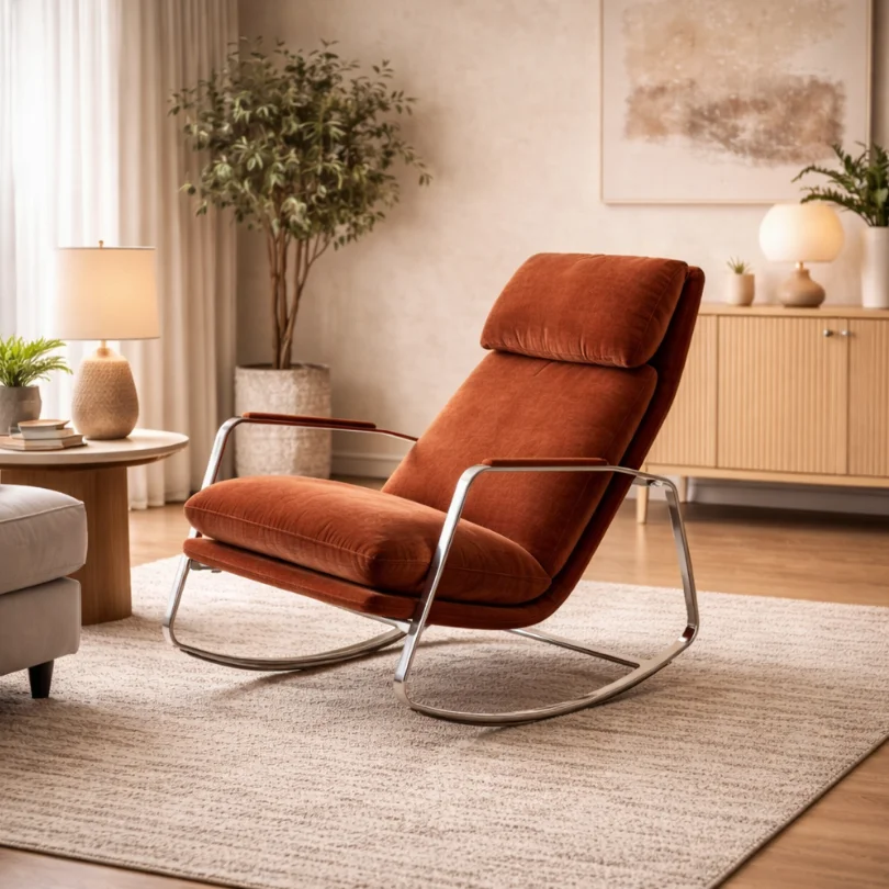 Comfortable orange-brown lounge chair with a chrome frame in a modern living room setting.